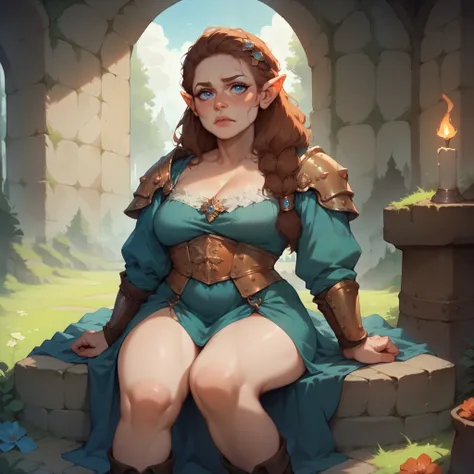 a dwarf with brown hair and blue eyes sits on a stone throne in a castle. she looks somewhat depressed and sad. she wears medieval royal outfit clothes.