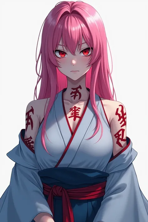 

" A woman with pink hair and fair skin , and intense red eyes ,  wearing a hyper-realistic cosplay of the character Sukuna from the anime Jujutsu Kaisen .  The image captures her entire body against a clean white background .  His hair is long and loose ...