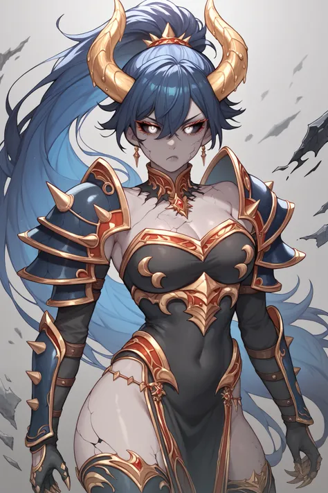 Gray skin,Monster woman, white eyes, black sclera, sunken eyes, cracks in the skin, Black dress with gold details, black metal boots and gold details, Black long metal gloves with gold details, Black shoulder pads with gold details,dark Blue hair,Serious f...