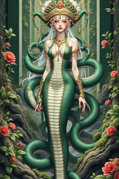  A white snake queen in the forest, The Snake Girl Portrait , white python 。gorgeous high hat， Art Sprout detailed ,  Extremely Detailed Art Sprout,   Fantasy Art Style, 