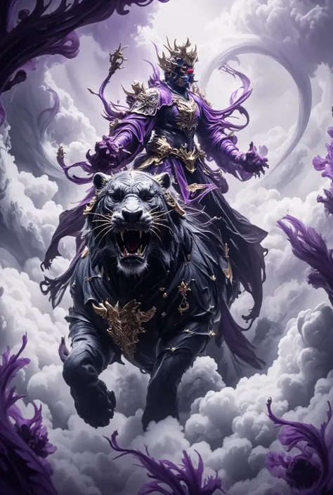 Ultra resolution, ultra detailed, ninja in armor riding a tiger walking through the clouds, muscular, purple hue, cloud background, japanese phrase