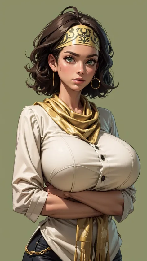 uma  pirates wearring realistic pirates cloths,30 years old, latina face looking up, ((curly hair)) , ((gigantic breasts)), (gypsy), brown skin, mature, short hair, Stand up, maquiagem, Lips are soft or colored,  light, uncontrasted,  flat wallpaper backgr...