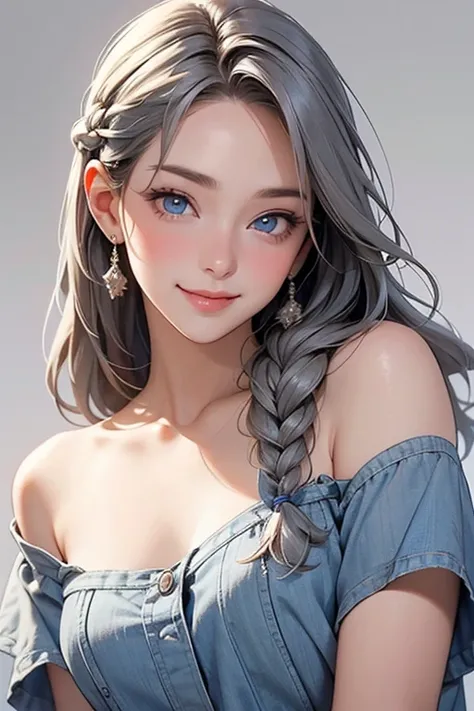 (masterpiece: 1.2,   top quality), (   actual pictures  ,   complicated details), 1. woman,   alone,   upper body,   casual,   shoulder-length hair  ,   minimal makeup  , Natural materials,   face close-up, smile, Home,   gray hair  , blue eyes, 優しいsmile、 ...