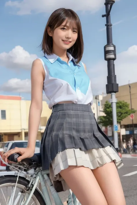 (sit on a bicycle saddle、Japanese high school girl waiting at a traffic light)、((( sleeveless white shirt )))、 A person is behind the wheel ,  Looking Ahead 、Bra visible through sleeve opening、(( light blue plaid mini pleated skirt))、Dark brown bob hair、  ...