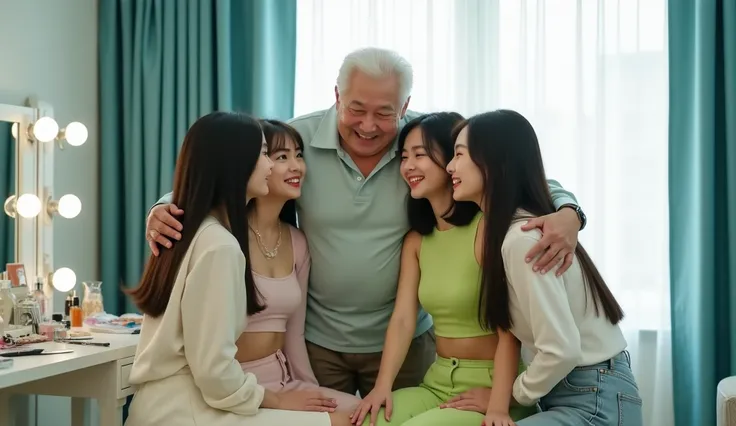 (((One old Korean man and Four young Korean women))), {Four young Korean beautiful women, ages 18-25, are seated around a makeup vanity table in a brightly lit room.  The women are focused on the task of getting ready, likely for a performance or photoshoo...