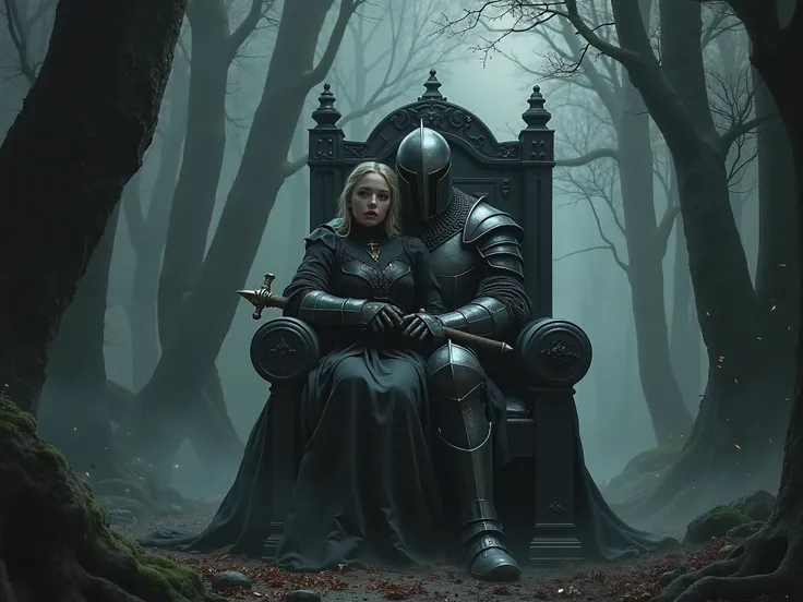  arafed knight , Purgatory knight sitting with a sword on a throne in the forest hugging his armored wife,  artstation,  fantasy art ,  dark souls concept  art,  dark souls concept art ,  dark souls knight ,  dark souls art , the  dark souls knight ,  dark...