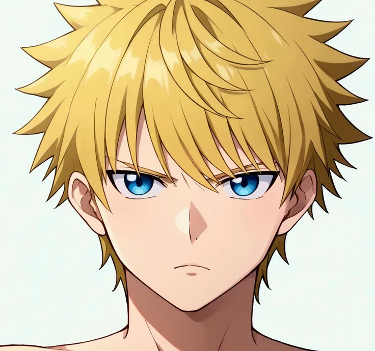 (masterpiece, best quality:1.2), 1boy, saburo, male, solo, blonde hair, short hair, spiked hair, wispy bangs, anime coloring, highly detailed, white background, simple background, facing viewer, tsurime, blue eyes, serious, nude, portrait