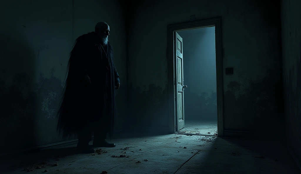 an abandoned room, the shadow of an old grandfather stands in the left corner, there is a door on the left that has been damaged, a door on the right that has been damaged, at night,