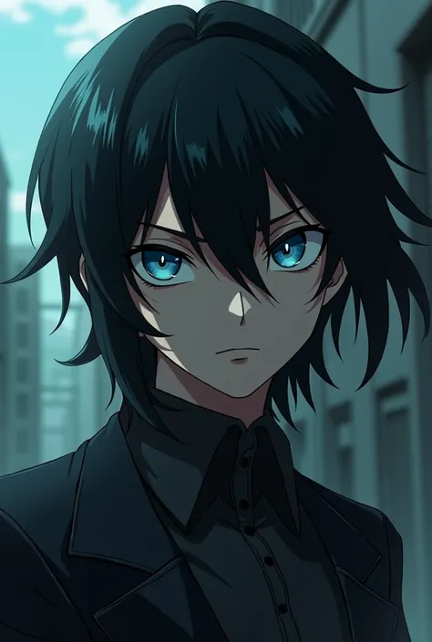  Male anime character with black hair ,  shoulder length , Somewhat rowdy ,  steel blue eyes in the style of bungou stray dogs 