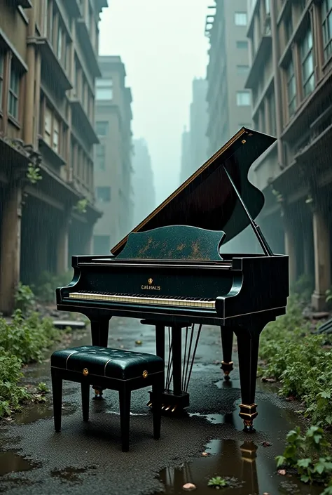 A piano in an abandoned city where it's raining