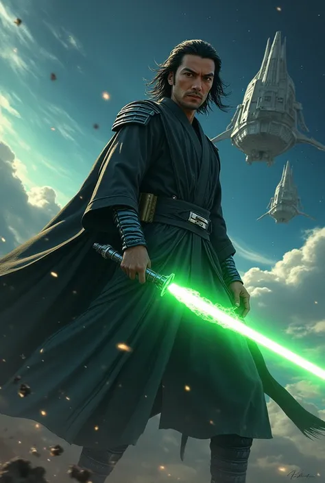 Sci-Fi Poster Style With text 'He would be PERFECT for this' written in English in an impact-style font . Shogun's Hiroyuki Sanada, reimagined as a Jedi, flaming green lightsaber, spaceship, samura/star wars cross over