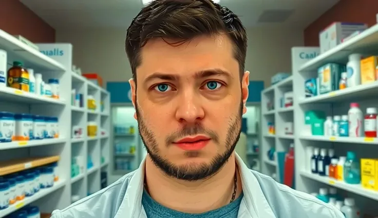 A man, one man, in the center of attention, a man, looks at the viewer, beard, dark hair, neutral, tall, in a pharmacy, waist-high, in a T-shirt, Realism, UHD, best quality, high details, anatomically correct, accurate, masterpiece