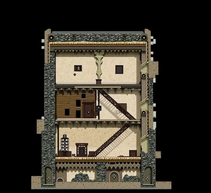 a detailed view of a medieval tower, architectural interior, x-ray visualization of interior floors and structure, diagram, precise engineering, medieval tower, setting for mobile game, sectional view, digital art, detailed architecture, gothic style, buil...