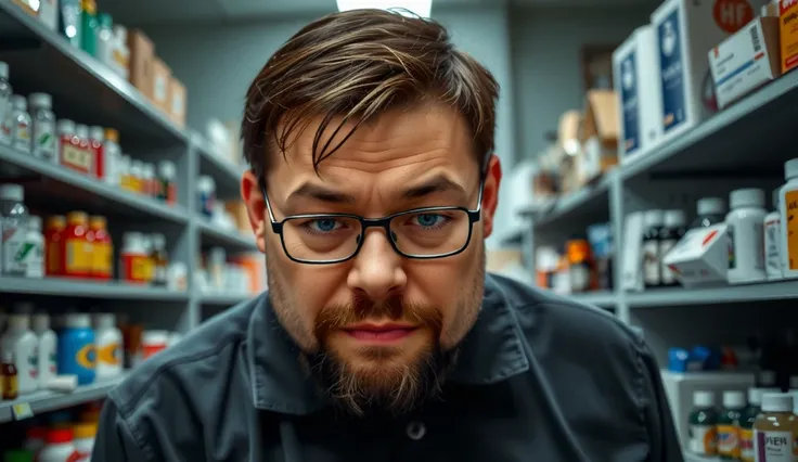 Man, one man, male focus, looks at the viewer, glasses, beard, dark-haired, hunched over, unhappy, in a pharmacy, waist-deep, Realism, UHD, best quality