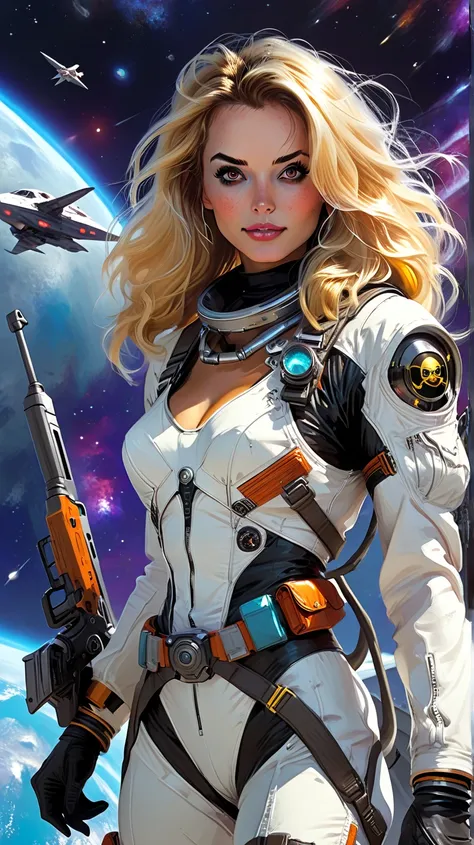 Evil space pirate with weapon and hypermorbid space suit, In the background, modern space gliders