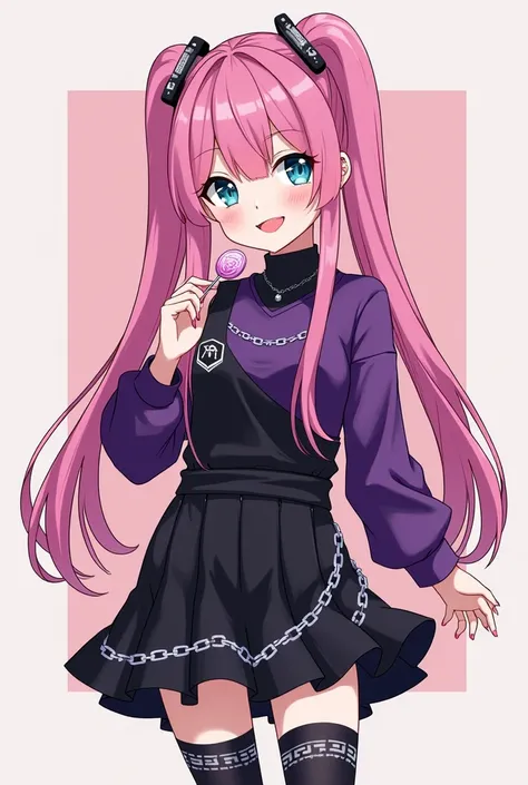 Generate a with pink hair with a long ponytail a purple overshirt with black with a jumpsuit with a black skirt with a sinturos with white chains a skin on the black head the blue eyes pink foot warmers beychics and black shoes and a lollipop on the hand a...