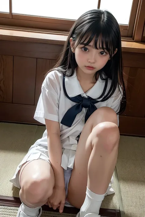 I was taken in from an orphanage when I was 13、  beautiful Japanese girl、school uniform、 miniskirt、 wet white panties、white socks、knees、I'm scared to see my foster father's penis、(( is frightened:1.2))、Straight cut bangs、