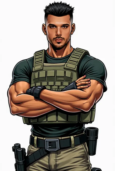 A 26-year-old brown boy  , military hair,  in tactical vest and military pants,  with arms crossed  , estilo comic books 