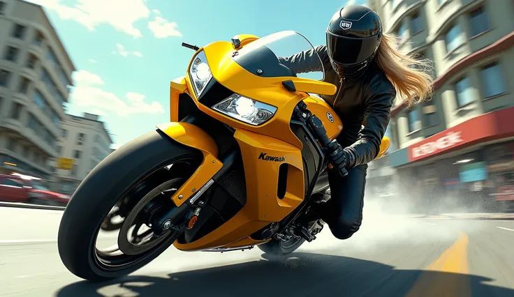 WOMAN WITH A CLOSED HELMET AND BLONDE HAIR RIDES A YELLOW KAWASAKI IN THE CITY AT HIGH SPEED WITH A KATANA STORED ON HER BACK