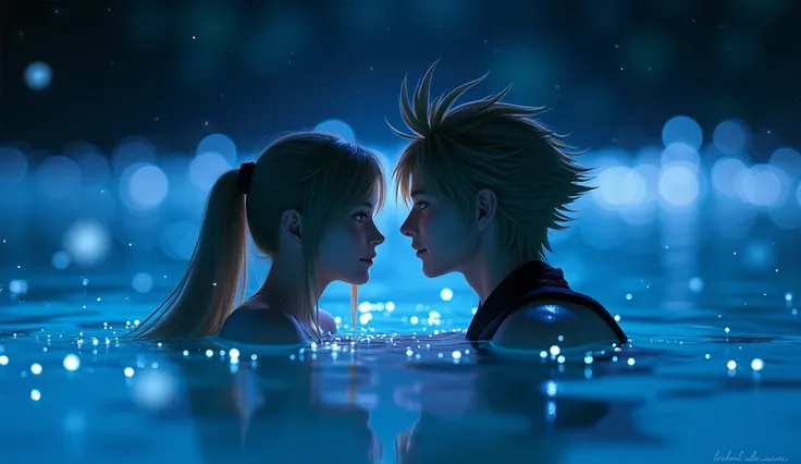 animation final fantasy x, yuna and tidus at night in a crystal clear lake with blue lights in the air, close up, high contrast, vivid colors, good lighting illuminating the romantic couple of tidus and yuna