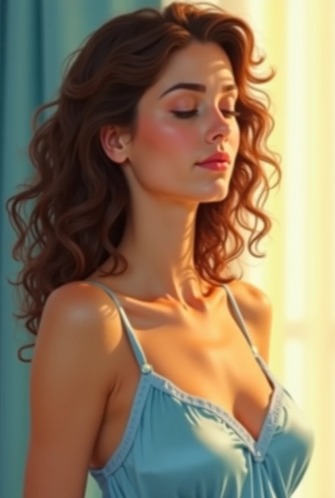  a beautiful woman, dew,  with tanned skin and curly brown hair ,  she is dressed in a light blue silk nightgown .  The morning sunlight illuminates her softly ,  creating an atmosphere of peace and beauty .  her eyes are closed ,  as if he were dreaming ....