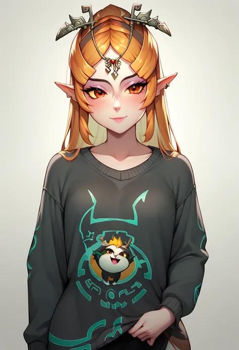 wearing a grey sweater, standing, very bottomheavy midna, from zelda, cute, attractive