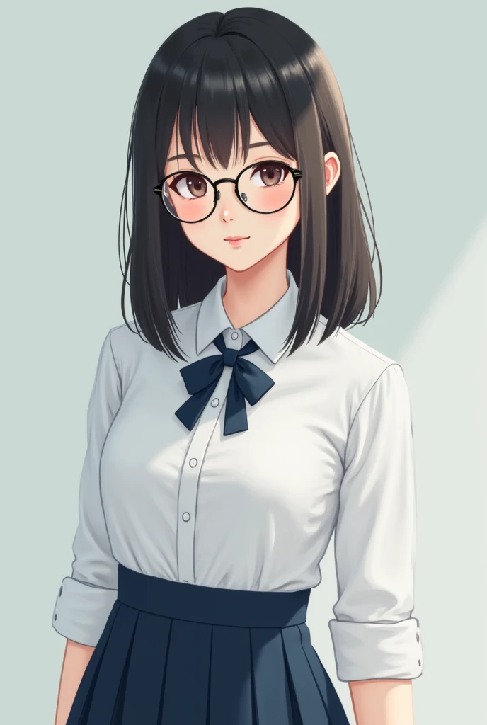 A beautiful Korean girl with thin straight shoulder-length hair wears a public high school uniform wearing glasses 