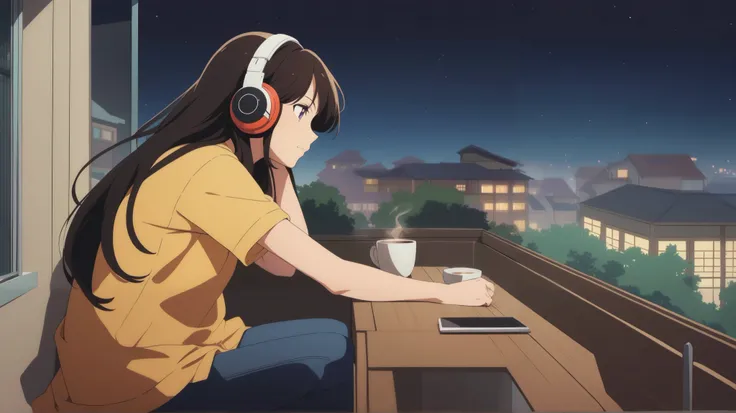  watching the night sky from the balcony, Girl drinking hot coffee while listening to jazz music with headphones ,  alone, noble girl ,  Lo-Fi Art Style, noble girl  aesthetic, By Gairan,  anime style,  relaxed mood,  lo-fi illustration style 、 Japanese hi...