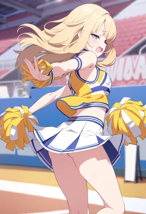 (masterpiece, best quality), 1girl, solo, kawaii, cheerleader, mini skirt, blonde hair, wind lift, no panty