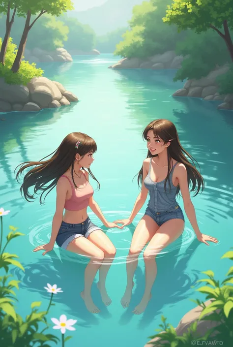 Make an image of two girls, one who is 19 years old and the other who is , in the town's river. 