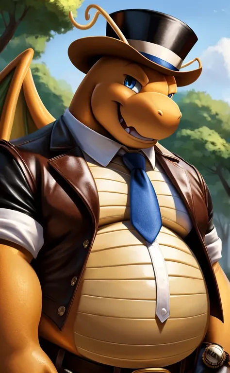 Solo, Male, close up, fat, musclegut, obese, steampunk, 1920s gentleman, dapper Dragonite, tilting head down, blue eyes, wearing a big leather collar around his neck, (soft shading), 4k, hi res, ((detailed face, detailed)), looking at viewer, evil grin, co...