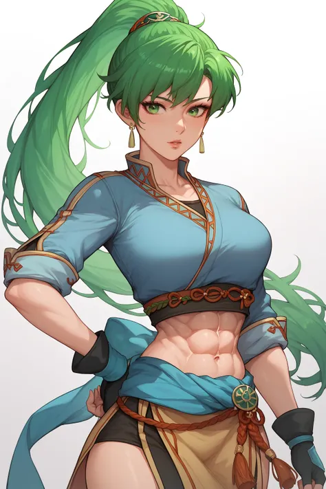 Lyn Fire emblem ,Woman, green hair, green eyes, black blouse tight to the body showing six pack abs, blouse rolled up at the waist, anime style,Ponytail 