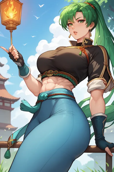 Lyn Fire emblem ,Woman, green hair, green eyes, black blouse tight to the body showing six pack abs, blouse rolled up at the waist, anime style,big ass