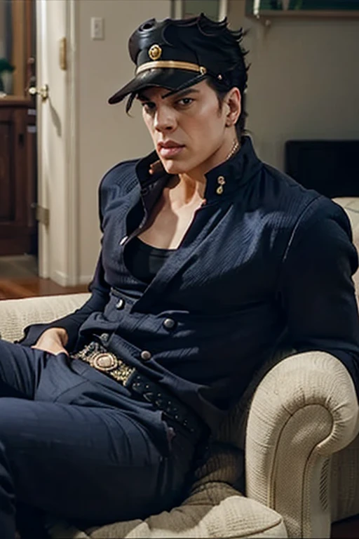  Jotaro watching TV,  sitting on sofa , 