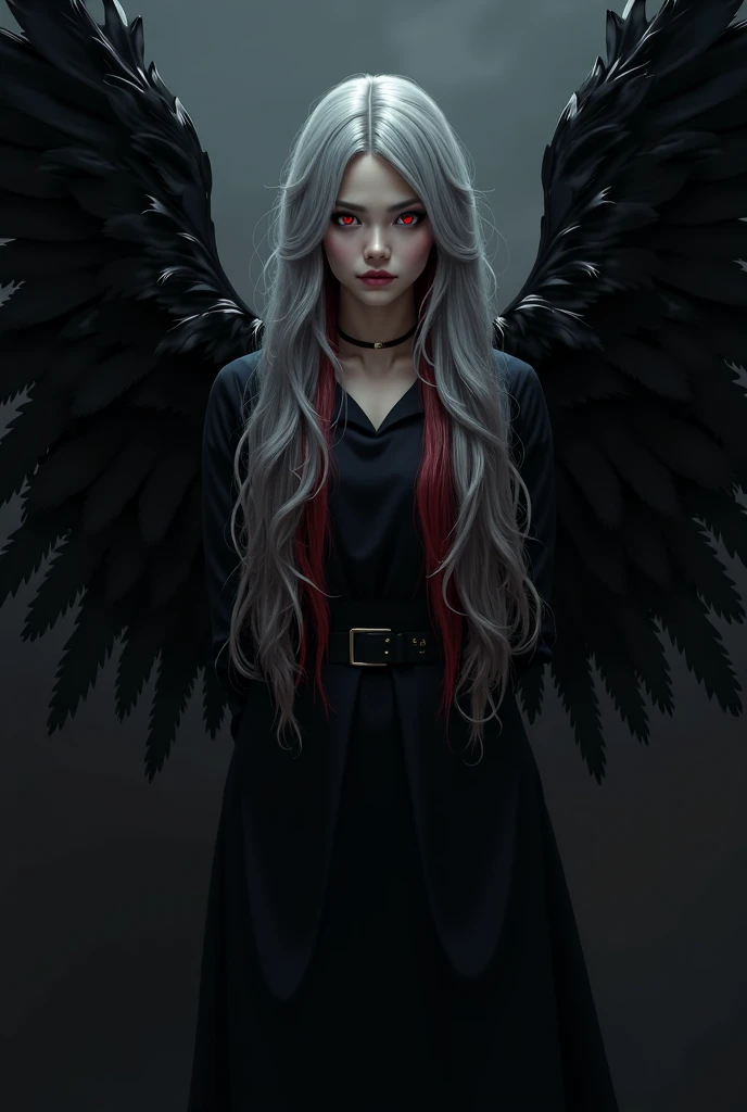 Mobile wallpaper female character behind her back black wings hair gray on the bottom red red eyes 