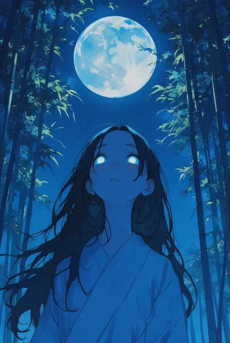 watercolor, ultra detailed beautiful moe anime, ephemeral, transient, fleeting, On a quiet night, Princess Kaguya stands still in a bamboo grove, looking up at the moon. Her long black hair sways in the night breeze, and her eyes shine in the moonlight. He...