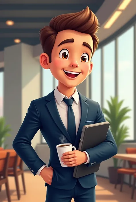  Generate a cartoon photo according to such criteria 1M  ( Achieved a capitalization of 1M USD )
Description:  A young guy in a stylish suit .
Details:  He is already in a good suit ,  with a neat hairstyle and holding a cup of coffee against the backdrop ...