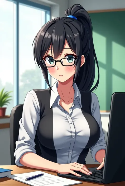  Make an anime picture of a black haired female teacher with a ponytail model wearing glasses,  working on something on her desk with focus , with milf specifications.