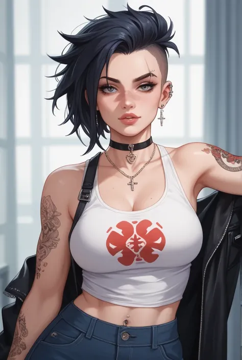 Appearance
1. *Hair*: Short, spiky black
2. *Eyes*: Piercing blue
3. *Distinguishing features*: Medical snake tattoo on left arm, scar above left eyebrow
4. *Clothes*: 
Woman