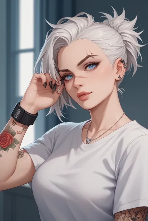 Appearance
1. *Hair*: Short, spiky black
2. *Eyes*: Piercing blue
3. *Distinguishing features*: Medical snake tattoo on left arm, scar above left eyebrow
4. *Clothes*: 
Woman