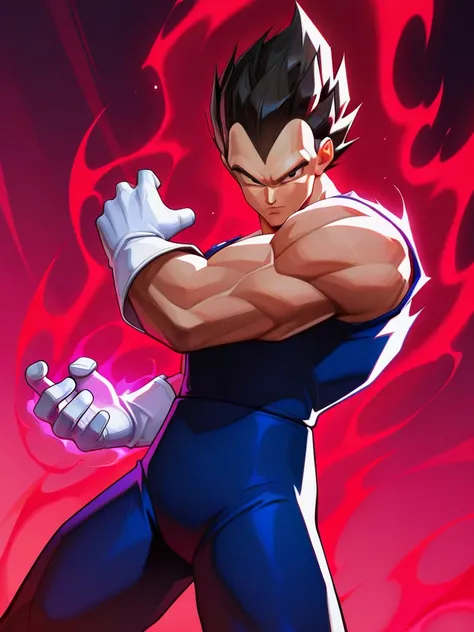 highres, hi res, best quality, masterpiece, intricate details, absurdres, 4k,, semi realistic, cartoon,
1boy, Vegeta,, energy around, aura,, looking at viewer, dynamic pose, fighting stance, cowboy shot, multicolored background, dutch angle, 
, MarvelRival...