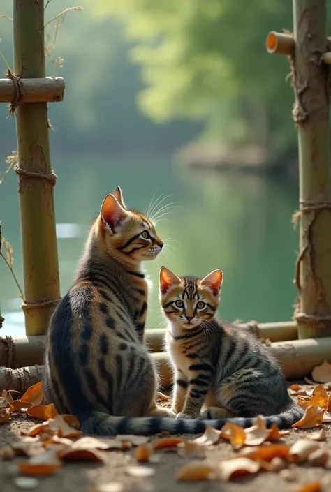   A lake on a well-worn and weathered bamboo fence with bamboo leaves strewn on the ground and water. Close Up 3-Color Striped Cat With Her Cub.   creates a comfortable atmosphere  ,  with quality and detailed photos taken with Sony Camera, UHD 4K Anatomic...