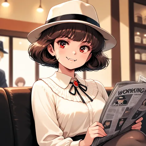 alta resolución,  short hair ,  brown hair ,  smile, Ojos rojos,  smile, fangs,  smile ligera,  sighed , Fedora,  Ray Tracking. vampire man,  sitting in an elegant cafe reading the newspaper ,  crossing legs and looking forward .  Blurred background of peo...