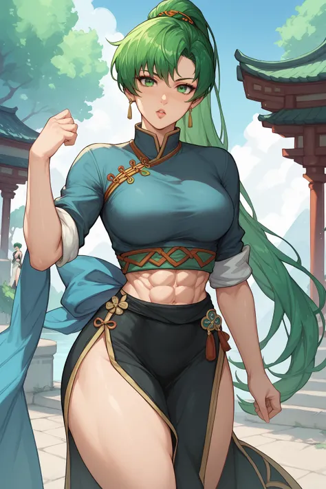 Lyn Fire emblem ,Woman, green hair, green eyes, black dress tight to the body showing six pack abs, blouse rolled up at the waist, anime style,big ass