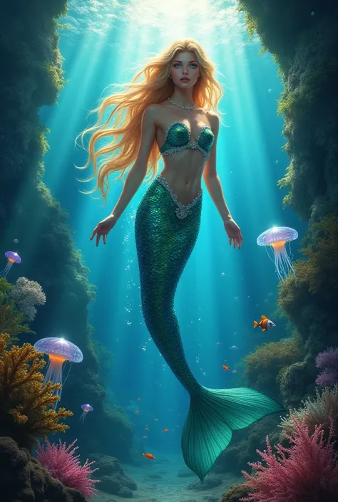 
"An extremely beautiful mermaid with shimmering iridescent scales that shift between deep blues, purples, and greens. Her flowing hair cascades like liquid gold, catching the light as it moves with the underwater currents. Her eyes are mesmerizing, glowin...