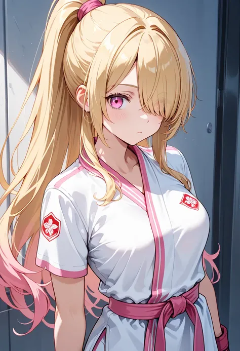 blonde hair, hair over one eye, long hair, high ponytail, white gi, pink martial belt, pink eye, solo, medium breasts