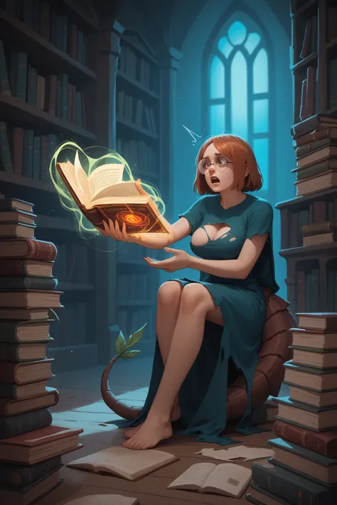 a nerdy female worm librarian with human face, hair, and breasts is reading a forbidden when she begins transforming into a bookworm. glowing book, magic coming from book, librarian glasses, ripped clothing, large breasts, long unkempt hair, losing humanit...