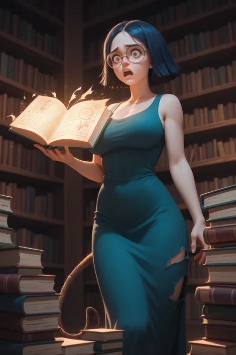 a nerdy female worm librarian with human face, hair, and breasts is reading a forbidden when she begins transforming into a bookworm. glowing book, magic coming from book, librarian glasses, ripped clothing, large breasts, long unkempt hair, losing humanit...