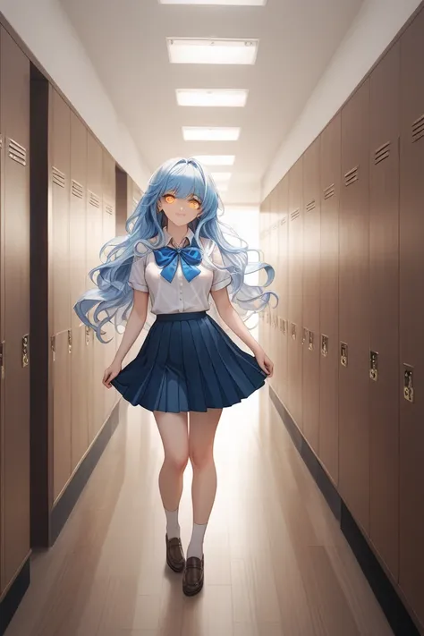 ""An anime girl with wavy, flowing blue hair that cascades down her shoulders and back stands gracefully in a softly lit school hallway. Her mesmerizing amber eyes gleam with a mix of warmth and quiet confidence, catching the light as she gazes forward. Sh...