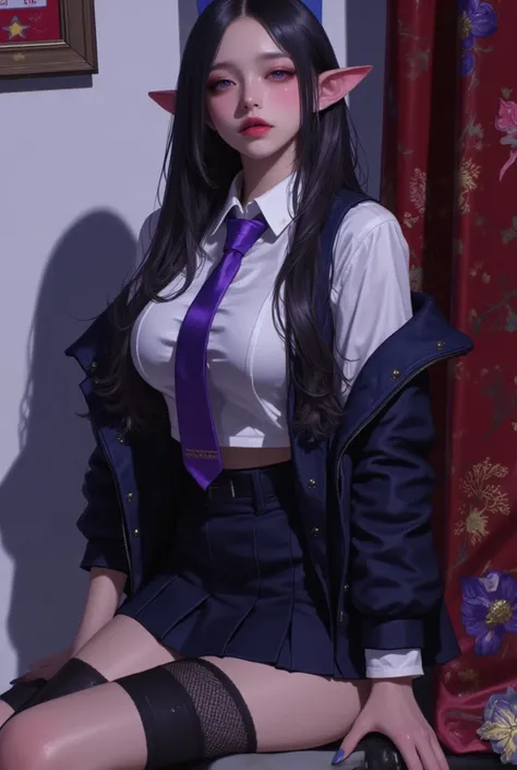  young beautiful Dark Elves woman,( best quality, very detailed depiction , Incredibly Absurd Hi-Res),(Beautiful student clothes, High School Uniform Blazer , High School Uniform Skirt ,Purple tie, High Socks,Shoes),( Dark Elves,student, purple eyes, half ...